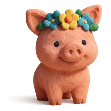 playful and cute piglet with a flower crown, textured look, claymation style sticker