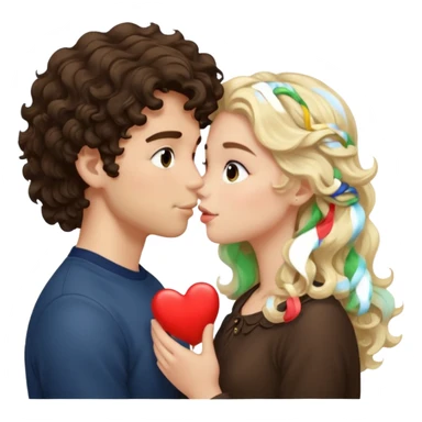 White Italian boy with dark brown wavy fluffy hair and blonde girl that's pale with wavy hair kissing sticker