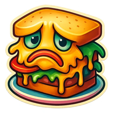 Make the gloomy sandwich brighter with bold colors, simplify to fewer layers, keep the frowning face and sad mood. sticker