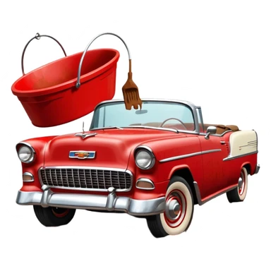 1955 Chevrolet Bel Air Convertible, Red-White color, with a bucket of brown mud pouring down on it, and the car itself is covered in brown mud on the sides that has stuck. 32x32 pixels, aspect ratio: 1:1 sticker