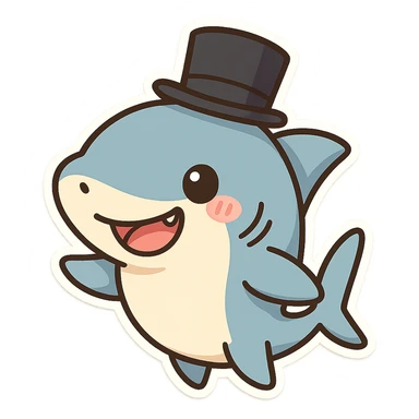 cartoon shark with a black top hat, smiling, cute and playful sticker