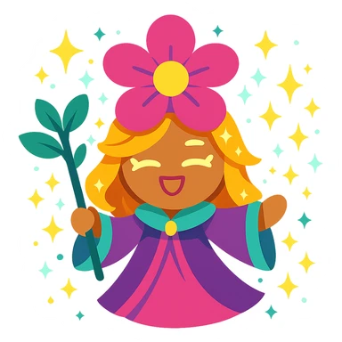 blossom cookie character, fantasy theme, magical aura, sparkling sticker