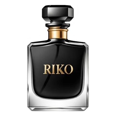 Realistic detailed black luxury perfume bottle with the name Riko on the front sticker