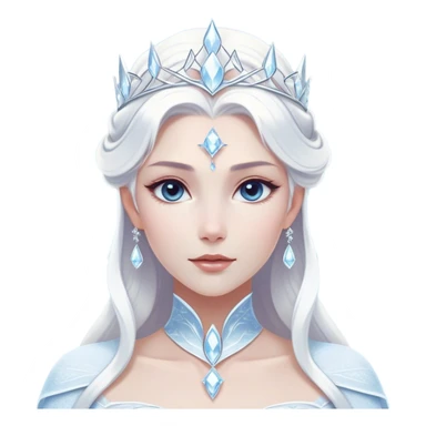 Cinematic Majestic Snow Queen Portrait Emoji, rendered in a clean, vector-style with bold, simplified shapes. Show Elsa with a serene, noble expression, luminous icy skin and gracefully styled platinum hair adorned with subtle crystalline accents, her attire minimal yet majestic. The design radiates a cool, crystalline glow with high shine and a soft glowing outline, embodying timeless, frosty elegance. sticker