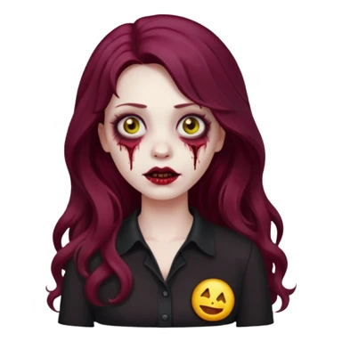 Faça me um emoji de um zumbi mulher de cabelos vermelho borgonha longos ondulado usando uma blusa preta, faça no estilo iphone sticker