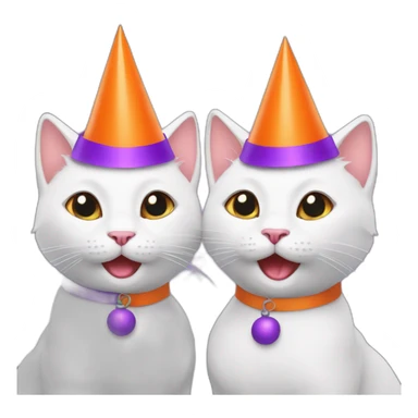 two white cats dancing with orange and purple party hats on sticker