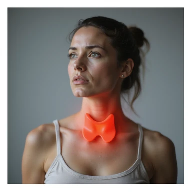 realistic woman with non-functioning thyroid highlighted in red on the neck, tired expression, anatomical focus on thyroid area, hyperrealism, 4K, neutral background sticker