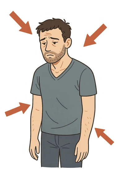 uomo con testosterone basso con freccie rosse ad indicare sticker