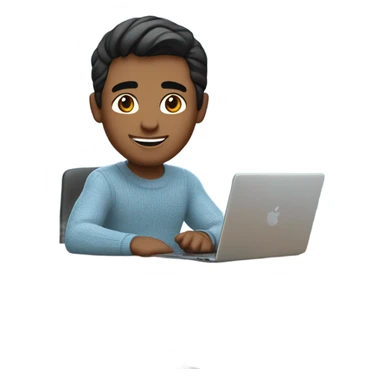 memoji of a man with a laptop in front, apple-style,modern,slightly brown skin,black hair,slightly broad nose, smile on face, ,light blue sweater,computer on table,sitting on his desk sticker