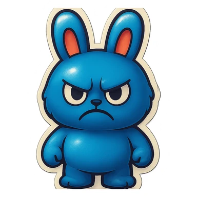 Change the blue bunny character's face to an angry, frowning expression, keeping the retro stickers style. sticker