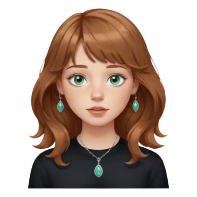 Woman with light cool brown wavy hair and curtain bangs, freckled fair skin, blue-green eyes, rosy lips, septum ring, soft natural makeup, delicate silver jewelry, relaxed expression. black shirt sticker