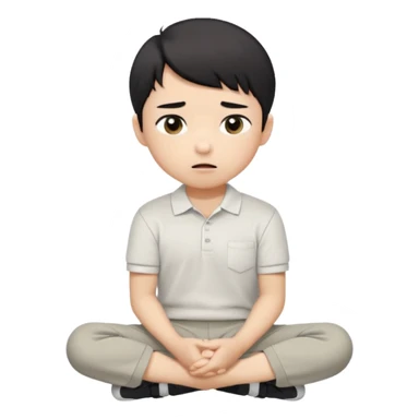 A cartoon young Asian boy with short black hair, light beige skin, and large expressive eyes, wearing a white polo shirt, gray pants, and black shoes. He sits cross-legged on the ground, one fist resting on his cheek, with a closed-mouth smirk. Clean lines, flat colors, solid black background. sticker