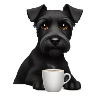 small black terrier sitting at a table drinking coffee sticker