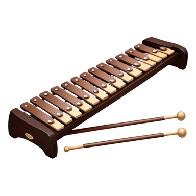 Create a detailed and professional emoji representing a Fleet FLT-SX37 orchestral long wooden xylophone. The design should showcase the large, wooden bars of the xylophone arranged in a traditional layout, with a polished, smooth finish. The bars should be dark brown or mahogany, with soft metallic reflections on the resonators underneath. Include two mallets with rubber or wooden heads resting on the bars, emphasizing their role in striking the notes. The xylophone should have a sophisticated and professional appearance, with clean lines and a polished look. Add subtle musical notes or sound waves to represent the vibrant sound produced by the instrument. The background should be transparent. sticker