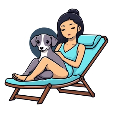Very thin Chinese woman with long black hair relaxing on a spa lounger with exactly ONE Italian greyhound. CRITICAL REQUIREMENT: the dog must be ONE SOLID DARK CHARCOAL GREY COLOR from nose to tail with NO WHITE or LIGHT AREAS anywhere - NO white face, NO white muzzle, NO white chest, NO white paws, NO white tail tip - NOTHING BUT A SINGLE SHADE OF DARK GREY throughout the entire animal sticker