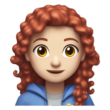 a white girl with long red curly hair and freckles, wearing periwinkle Minecraft hoodie playing a videogame smiling sticker
