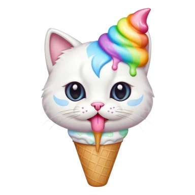 A cute white cat licking a colorful. Ice cream  sticker