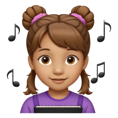 Niña de 4 años con ojos marrones claros, pelo castaño claro con dos moños altos y pelitos sueltos a modo de flequillo, nariz chata y risueña. Con nota musical sticker