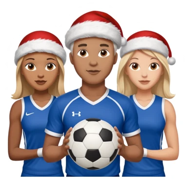 3 atletas, um homem no meio e duas mulheres com cores de pele diferentes, usando elementos esportivos, bola de futebol e bola de vôlei. Coloque um chapéu de papai noel das cores verde e com roupas azul e branco sticker