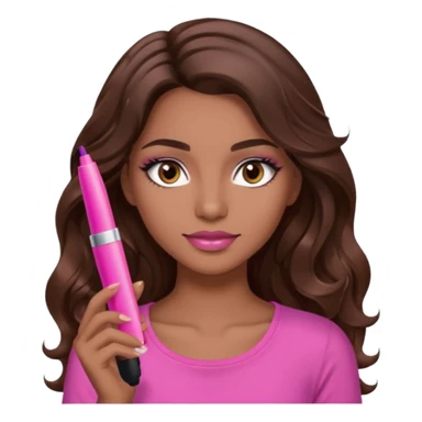 gorgeous woman, light brown skin, dark brown eyes, long wavy brown hair, pink top, wearing clear lipgloss and mascara  sticker