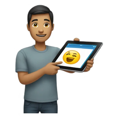 person holding an ipad, while pointing to it sticker