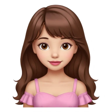 A cute girl with medium skin, soft pinkish cheeks, large bambi dark hazel eyes with long eyelashes, long wavy brown hair with bangs, medium straight nose with a soft tip, medium natural red lips, very feminine and pretty features, wearing a beautiful pink dress.l sticker
