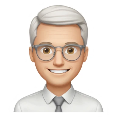 30 yr old pale white man, white/grey side swept stylish hair, round glasses, big smile, white teeth, handsome, longer hair, thin glasses, white dress shirt, smooth forehead, botox, no tie, open collar sticker