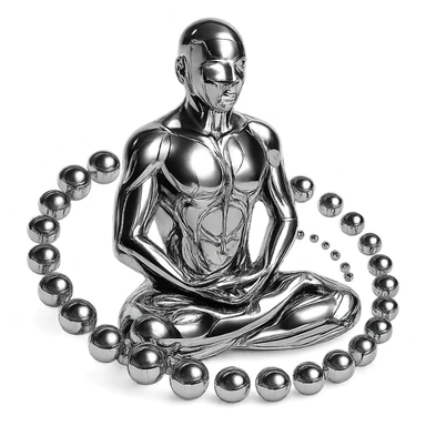 chrome style figure meditating in the lotus position, surrounded by multiple reflective metallic spheres arranged in a spiral pattern, highly polished sticker