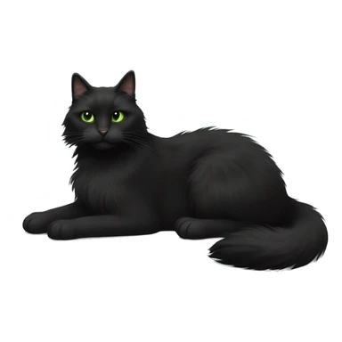 Black extra furry long haired cat fluffy tail fully body laying down with light green eyes sticker