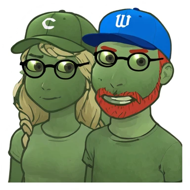 Brunette girl, with brown round glasses, and freckles and pale man with dirty blonde hair, freckles, blue eyes, and red beard. sticker