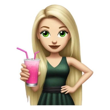 Realistic White girl with Long straight blonde hair, green eyes, tattoos, full body wearing dress and High heels, holding pink drink sticker