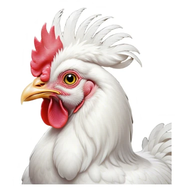 Cinematic Noble White Chicken Portrait Emoji, Poised and regal, with a compact, sturdy build and a pristine, well-groomed pure white plumage, deep-set soulful beady eyes, Simplified yet sharp and sophisticated features, highly detailed, glowing with a soft, dignified glow, high shine, intelligent and alert, stylized with an air of barnyard elegance, focused and attentive, soft glowing outline, capturing the essence of a watchful and confident fowl, so majestic it feels as though it could strut out of the screen with effortless authority! sticker