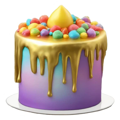 Realistic isolated colorful cake with metallic gold icing dripping from top and all down along the cake sticker