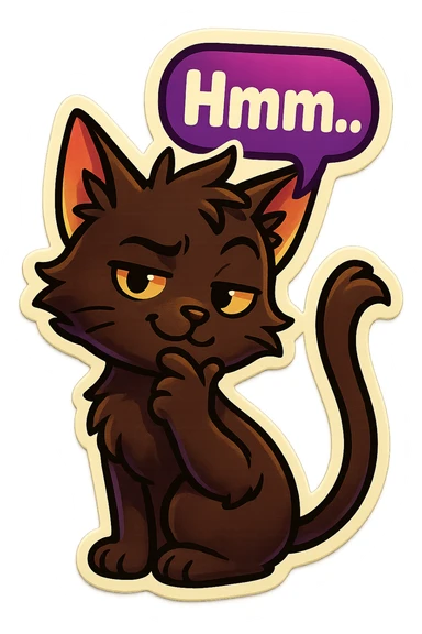 a dark-brown fluffy cute kawaii anime cat with tufted ears and a long thin tufted tail, thinking, smirking thoughtfully, saying “Hmm..” with a purple speech bubble sticker