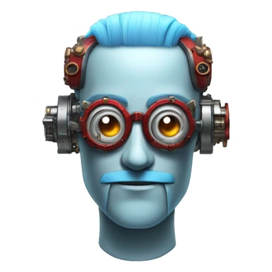  Short light blue haired male cyborg head with light blue beard, red steampunk goggles and circuits sticker