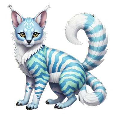 Colorful tropical tribal pale light fruity pastel white glorious iridescent divine exotic cute albino neon vibrant zigzagged cool beautiful fantasy-caracal-civet-genet-sergal-vernid-Gryphon-Cacomistle-Trico-oncilla-animal-Fakémon-hybrid-fursona (full body), facial markings,  sticker