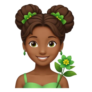 tạo cho tôi emoji tạo hình của công chúa da đen tóc nâu búi tóc 1 bên trên đỉnh đầu, cô ý cài hoa màu xanh lá cây. không đeo khuyên tai sticker