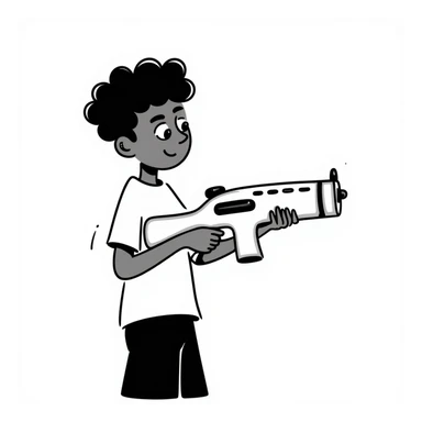 brown-skinned boy with a low taper fade haircut, septum piercing, two eyebrow slits on his left eyebrow, holding a watergun, hand-drawn doodle style sticker