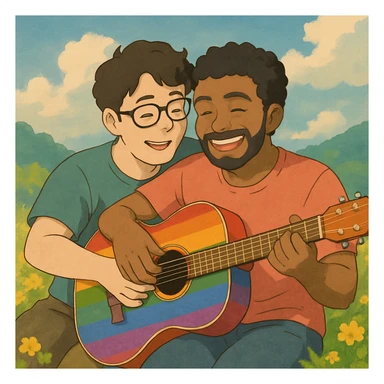 rainbow guitar with a happy gay couple playing it sticker