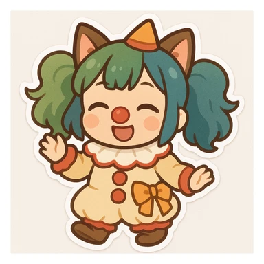 asian girl with cat ears, dressed like a clown, green and blue colored hair, chibi style sticker