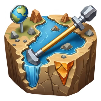 An icon featuring a rock hammer, a geological map, and layers of Earth’s crust, symbolizing geology. The design includes mineral samples, fossils, and tectonic plates, representing the study of Earth’s structure and natural processes. Transparent background highlights geological exploration sticker
