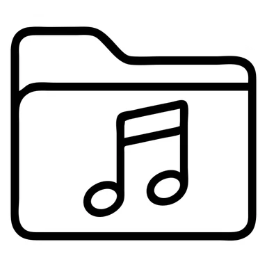 Create a music library folder icon in the style of a bright blue folder with a thin black outline, minimal design, transparent background, and no text. Include a white music note on the folder, matching the exact blue folder style shown in the references. sticker