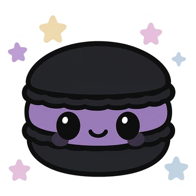 kawaii style gothic macaron, smiling face, black and purple colors, pastel stars, adorable and mysterious sticker