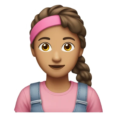 A white woman with brown hair in pony tail wearing pink headband, pink t shirt and overalls  sticker