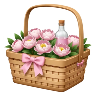 White Picnic basket with light pink bow and white peonies and a pink bottle inside sticker