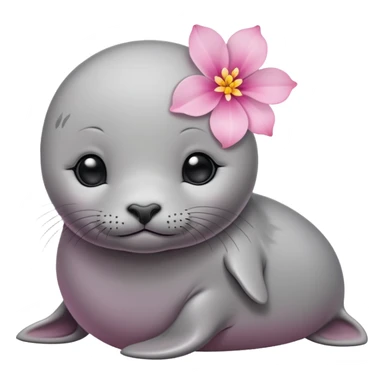 A small, slim baby seal resting gracefully with a delicate pink flower placed on its head.  Grey color sticker