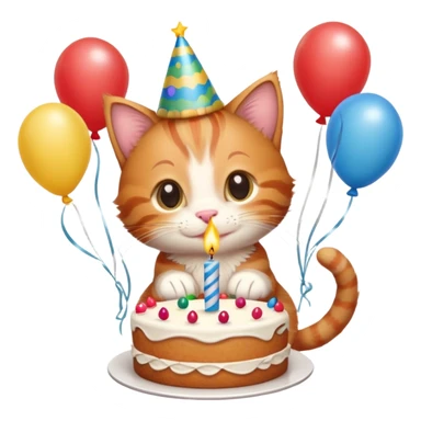 Ginger tabby kitten celebrates birthday, birthday hat, birthday cake, one candle, balloons, happy, gifts sticker