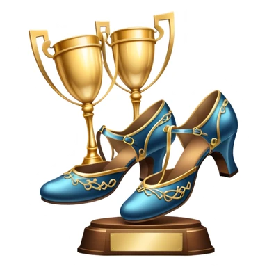 Icon for Ballroom Dancing: a pair of ballroom shoes, a dance floor with lighting, and a decorative dance trophy. The icon should represent the elegance and rhythm of ballroom dance through its key symbols. Transparent background. sticker