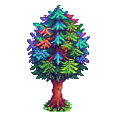Terraria-style tree with vibrant LGBTQ+ rainbow colors, pixel art style, detailed and playful, no text sticker