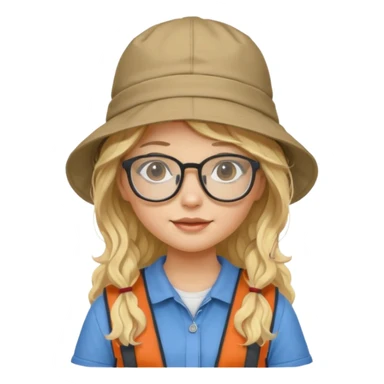 a young student girl with the backpack with bucket hat, blonde wavy long hair sticker